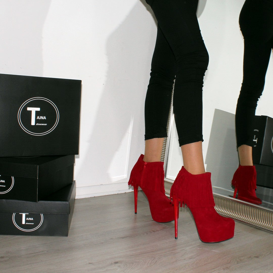 Red Fringe Suede High Heel Platform Booties - Tajna Club