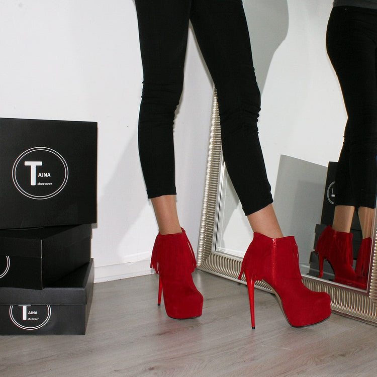 Red Fringe Suede High Heel Platform Booties - Tajna Club
