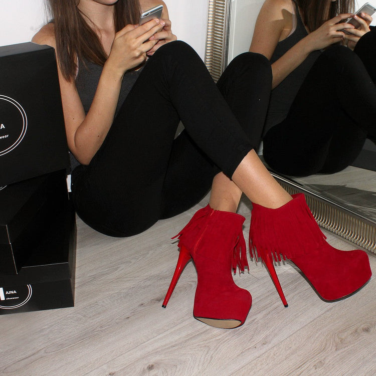 Red Fringe Suede High Heel Platform Booties - Tajna Club
