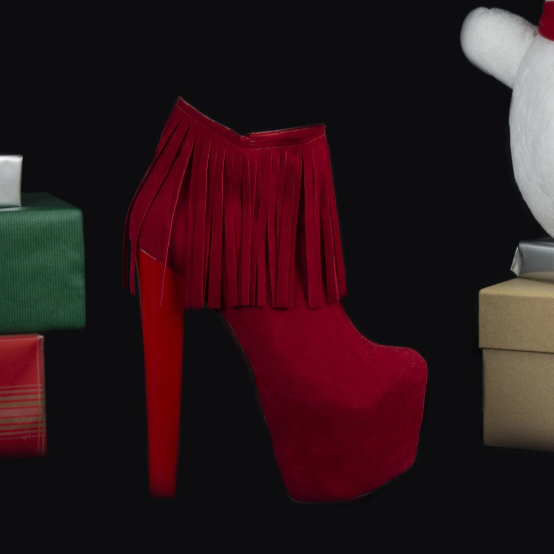 Red Suede Fringe Booties - Tajna Club