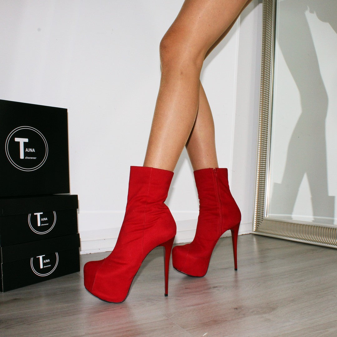 Red Suede High Heel Platform Ankle Boots