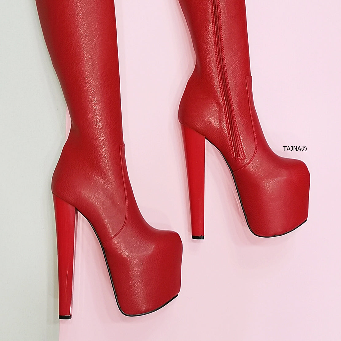 Red Matte Chunky Heel Knee High Boots Tajna Shoes Tajna Club