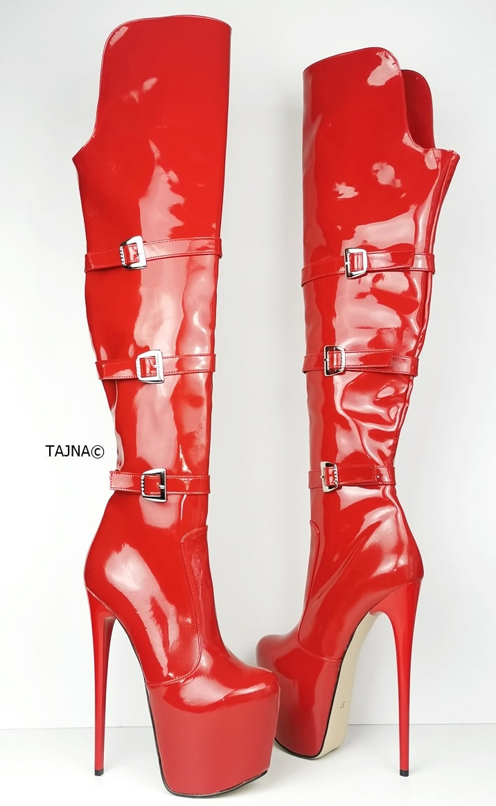 Red Patent Belted Knee High Boots - Tajna Club