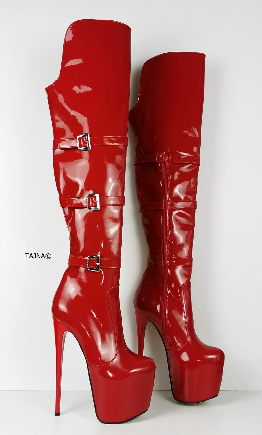 Red Patent Belted Knee High Boots - Tajna Club