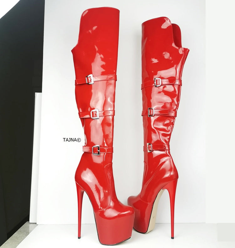 Red Patent Belted Knee High Boots - Tajna Club