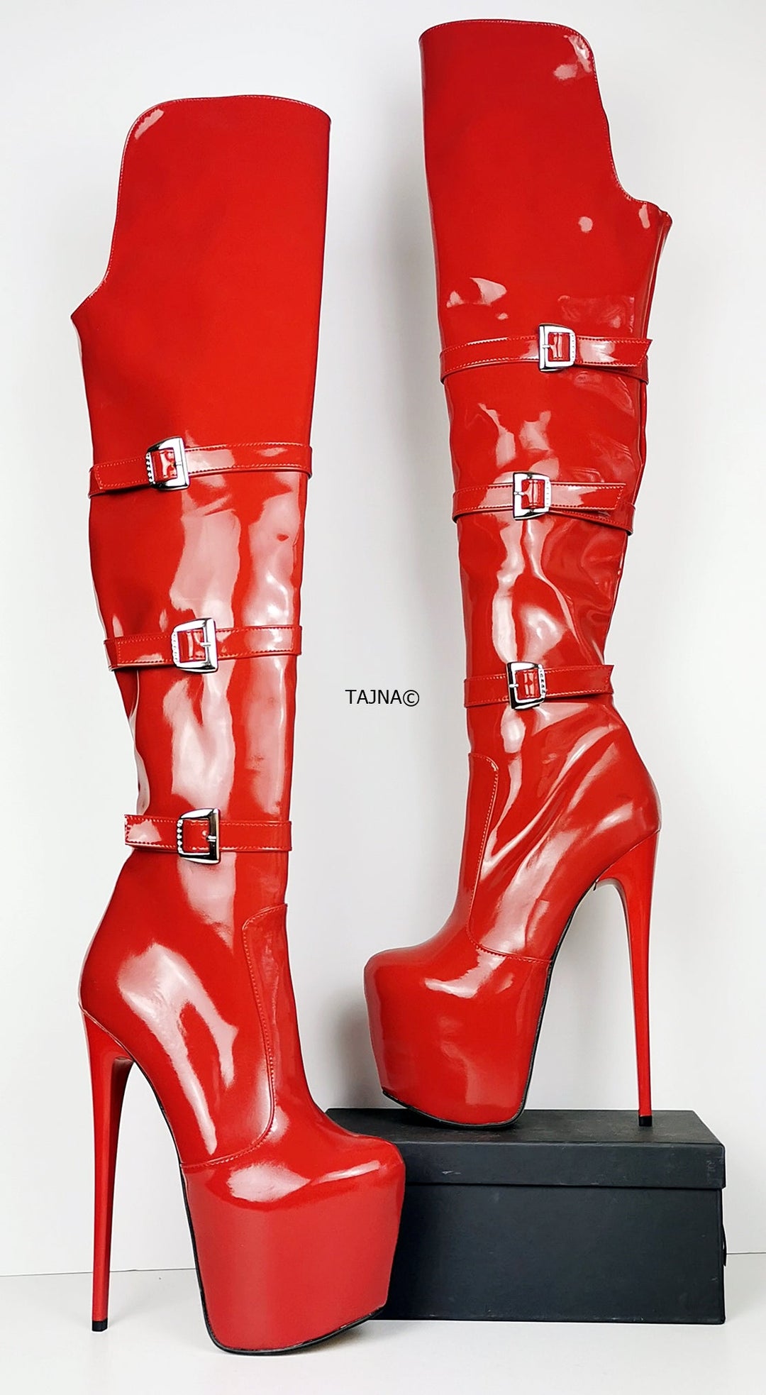Red Patent Belted Knee High Boots - Tajna Club