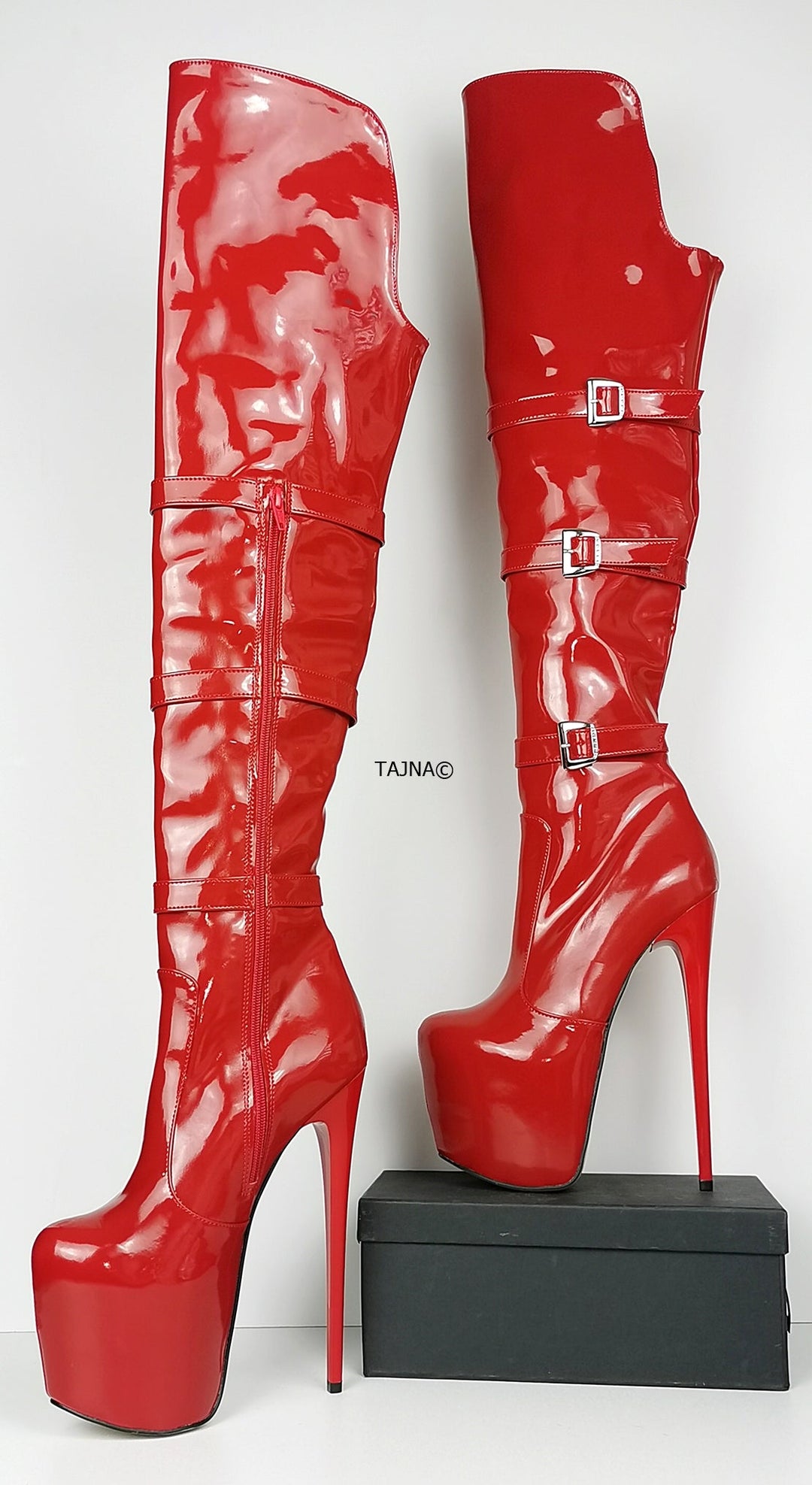 Red Patent Belted Knee High Boots - Tajna Club