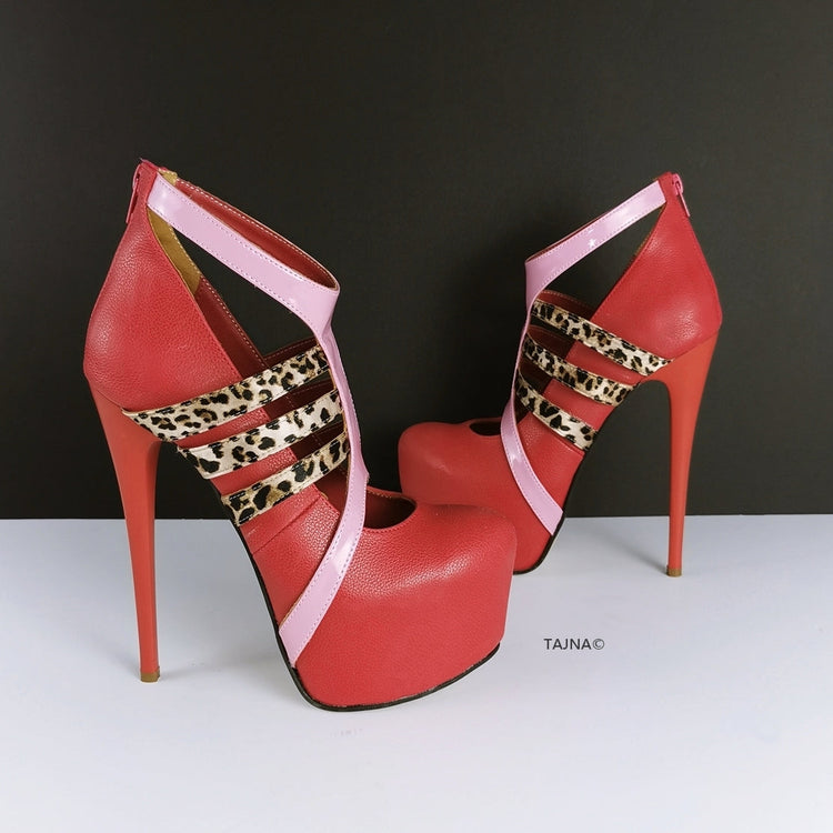 Red Leopard Pink Detailed Platform Pumps - Tajna Club