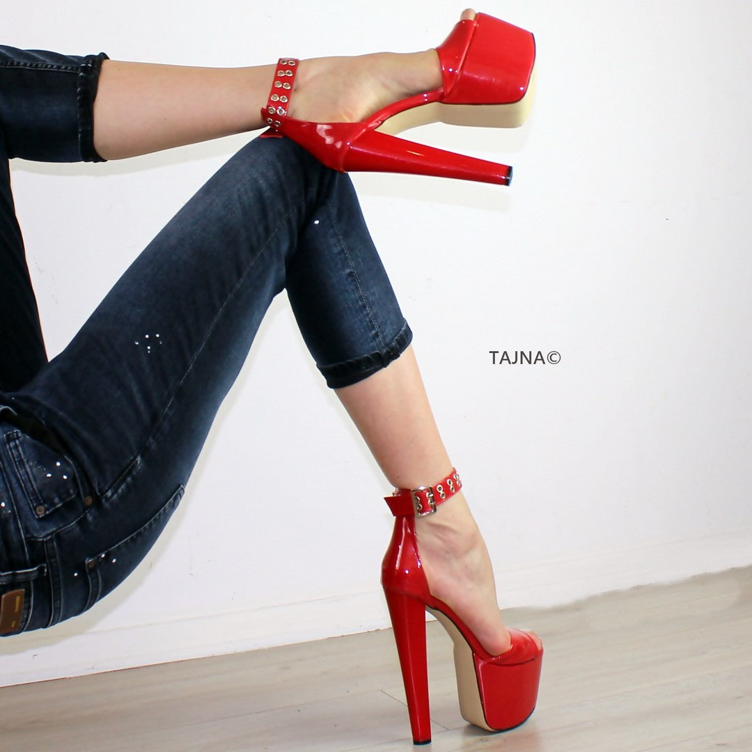 Red Patent Ankle Strap Platform Sandals - Tajna Club
