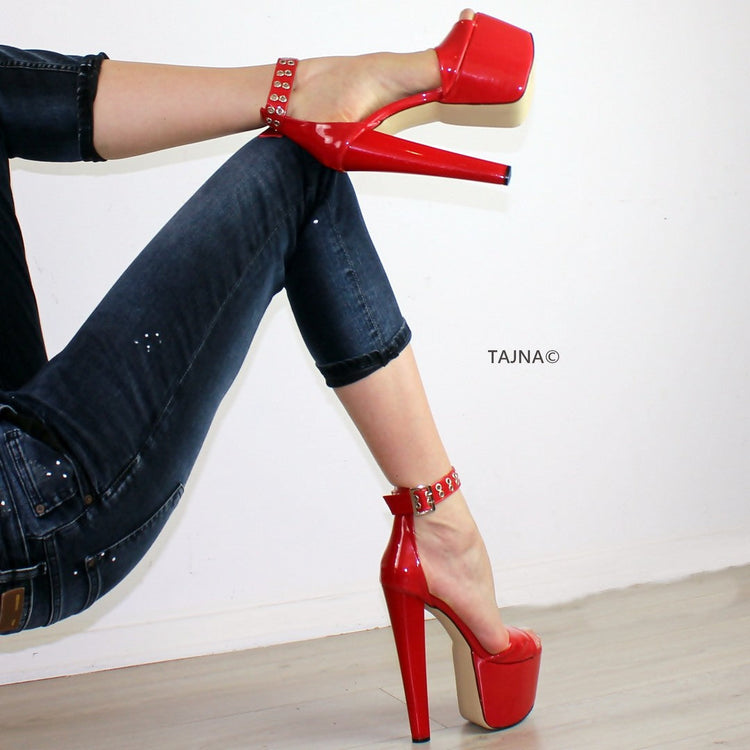 Red Patent Ankle Strap Platform Sandals - Tajna Club