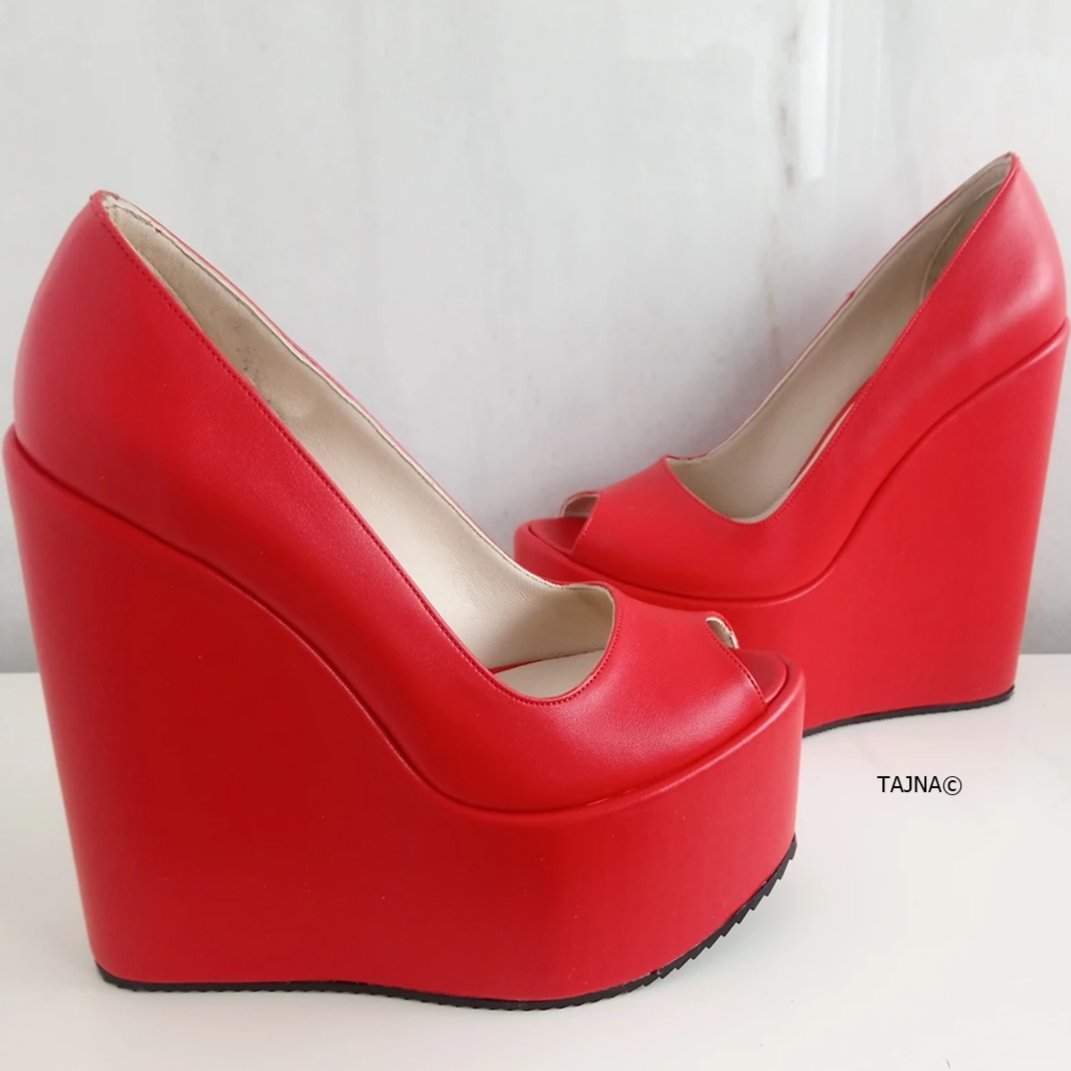 Red Peep Toe High Heel Wedges - Tajna Club