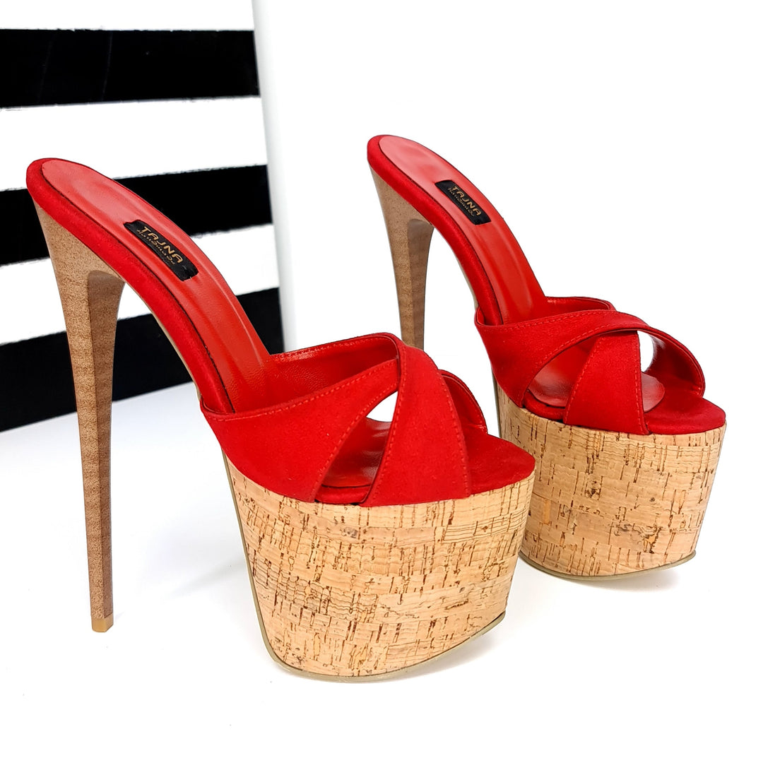 Red Suede High Heel Cork Mules Tajna Club