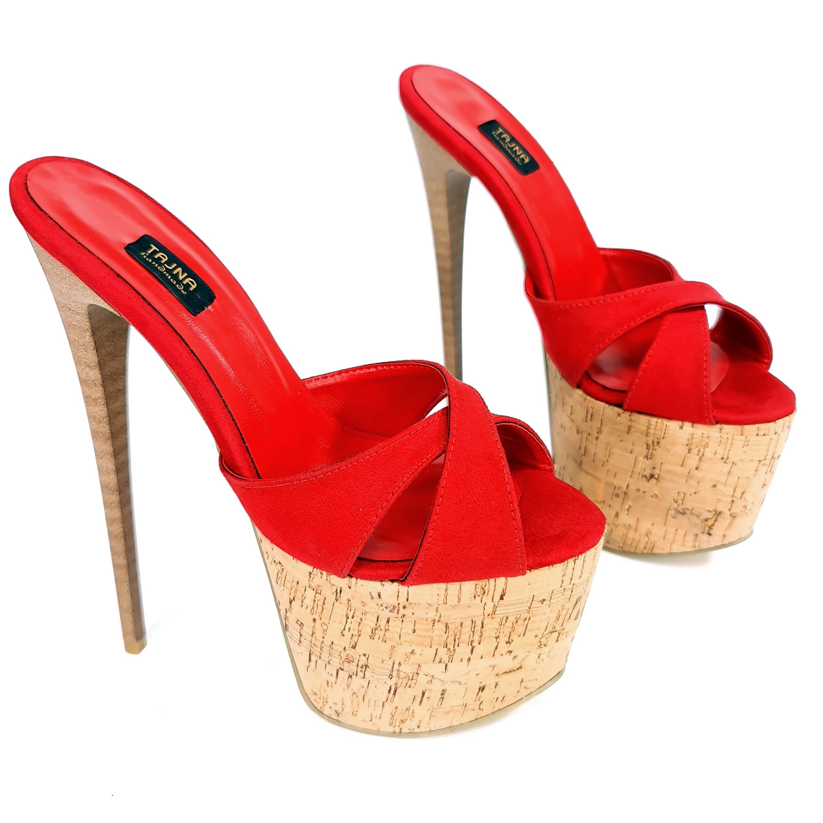 Red Suede High Heel Cork Mules Tajna Club