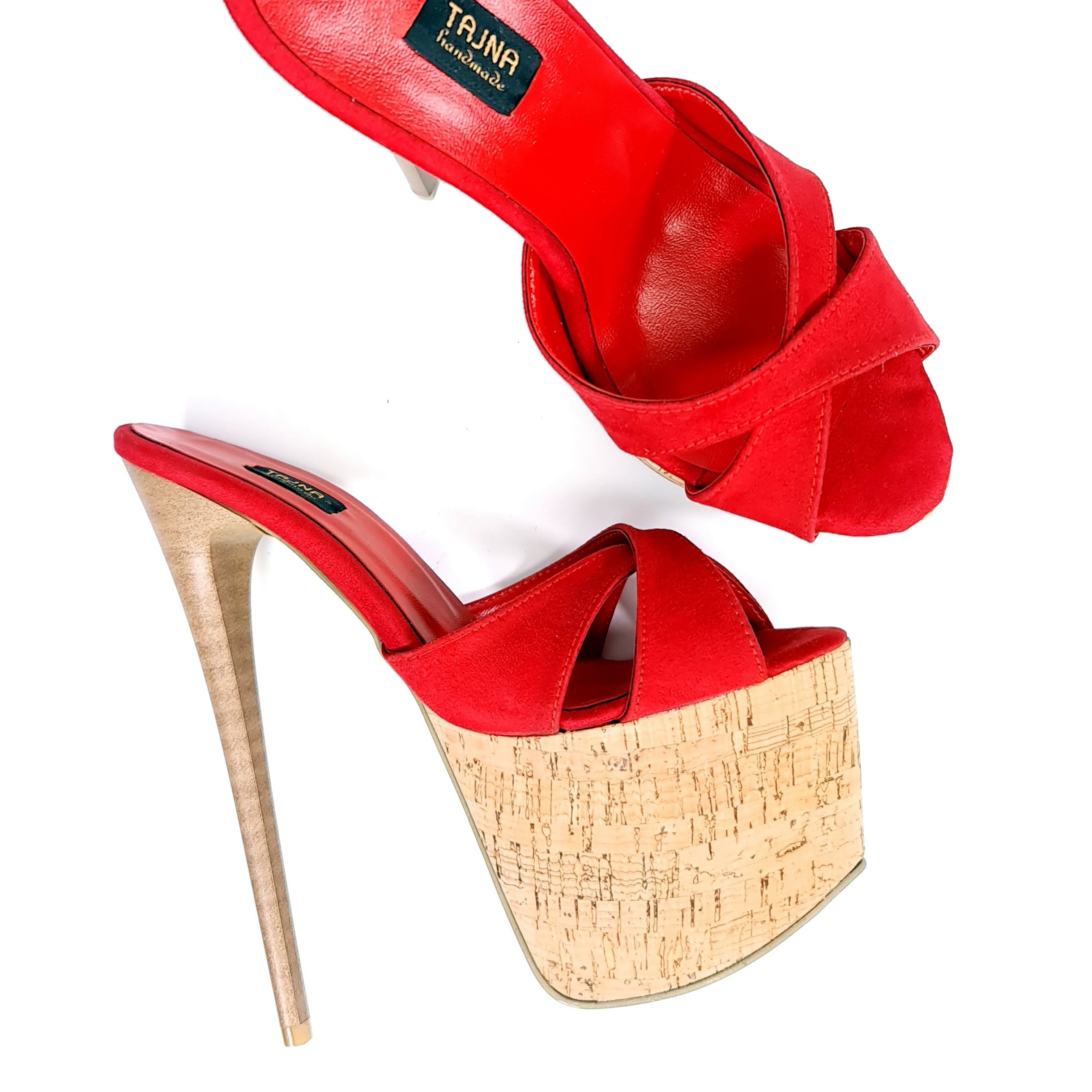 Red Suede High Heel Cork Mules Tajna Club
