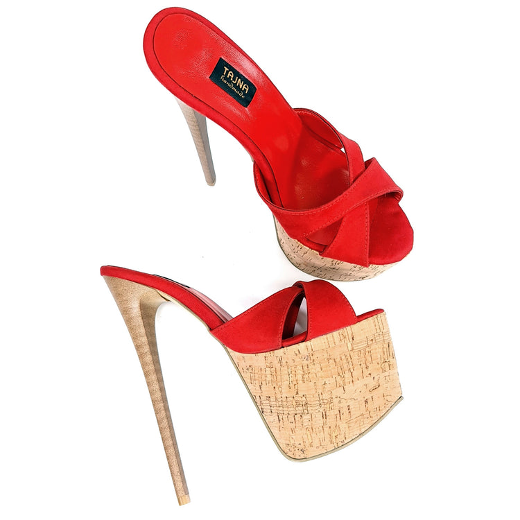 Red Suede High Heel Cork Mules Tajna Club