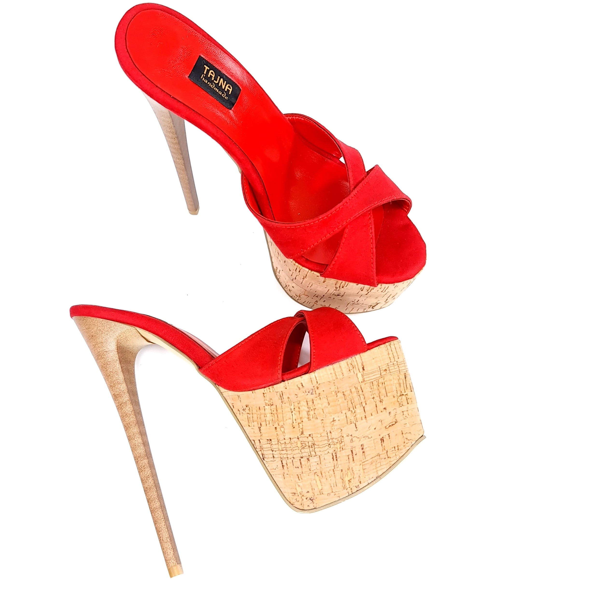 Red Suede High Heel Cork Mules Tajna Club