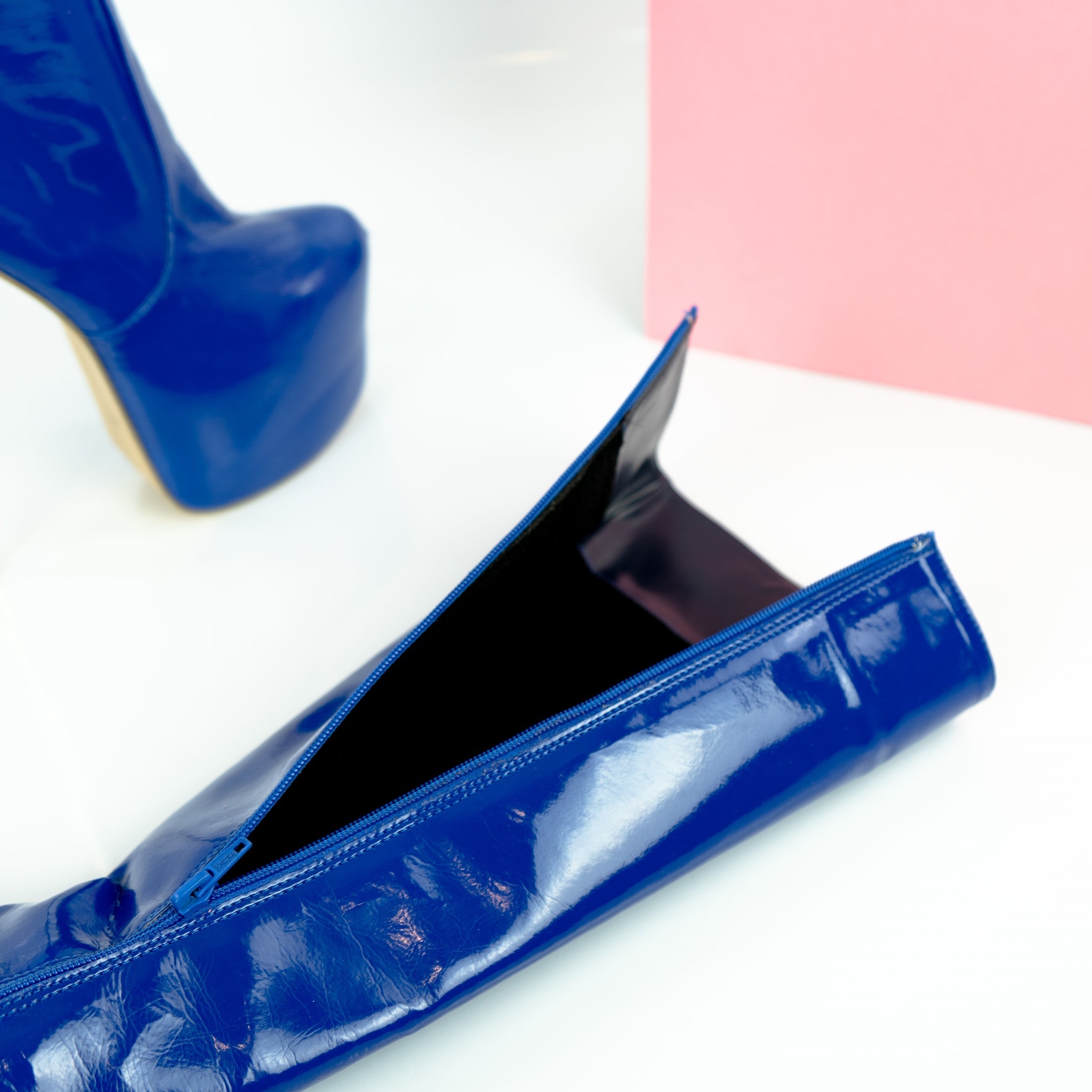 Saxe Blue Gloss Mid Calf High Heel Boots - Tajna Club