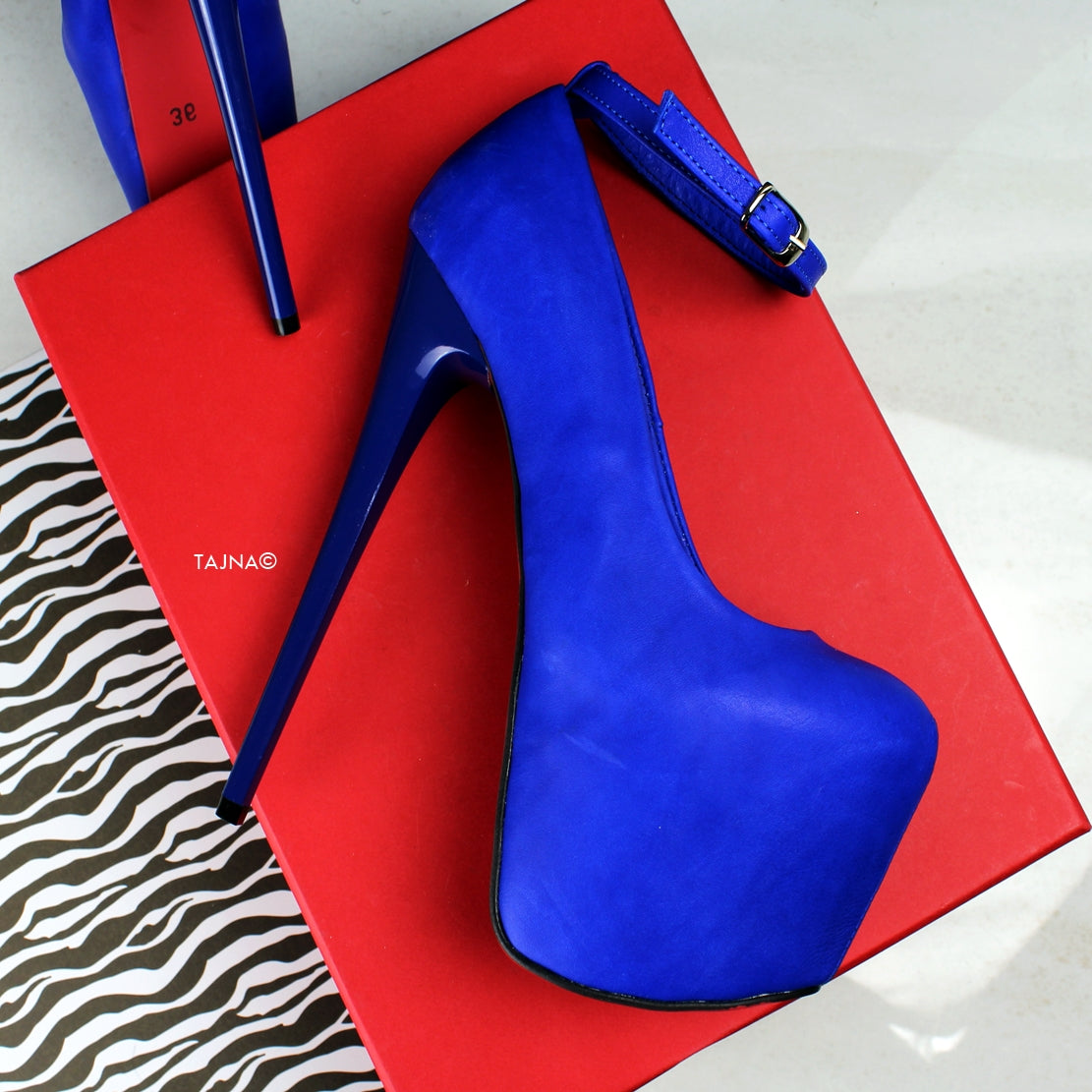 Real Leather Blue Ankle Strap Pumps - Tajna Club