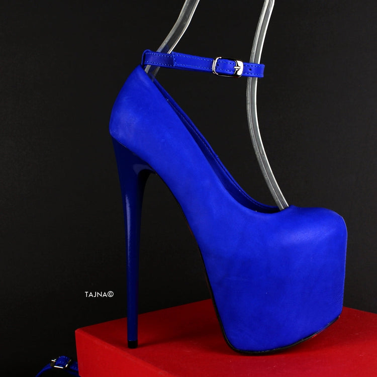 Real Leather Blue Ankle Strap Pumps - Tajna Club