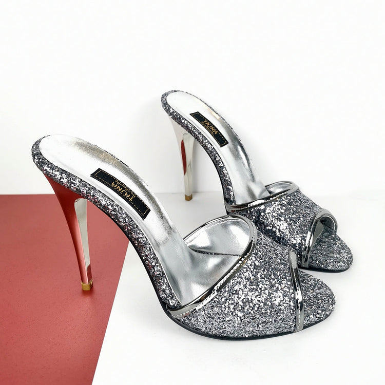 Silver Glitter Touch High Heel Mules - Tajna Club
