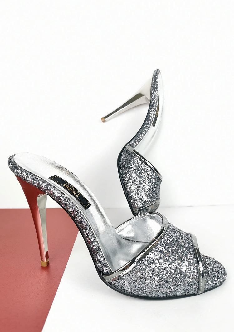 Silver Glitter Touch High Heel Mules - Tajna Club