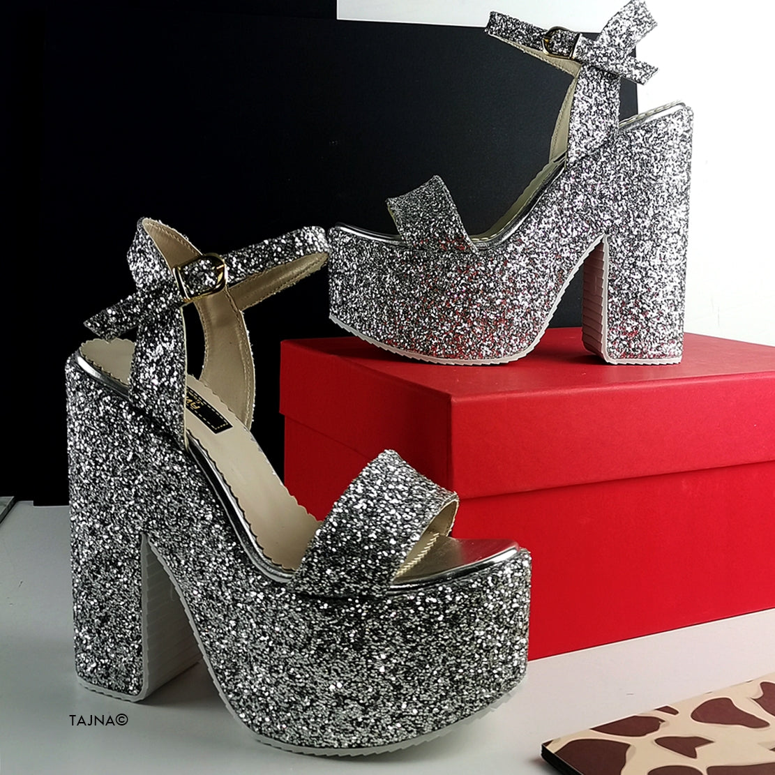 Silver Glass Glitter Platform Wedge Sandals - Tajna Club