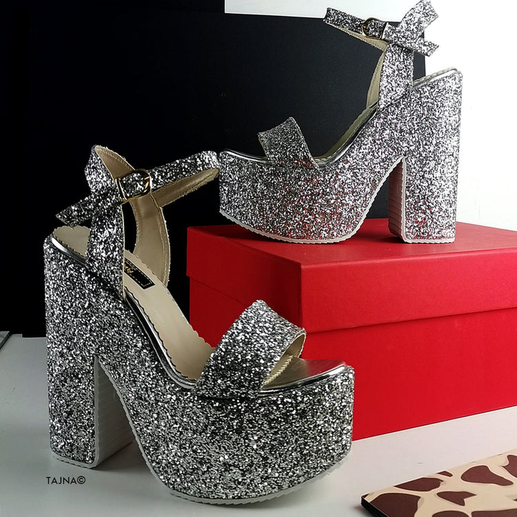Silver Glass Glitter Platform Wedge Sandals - Tajna Club