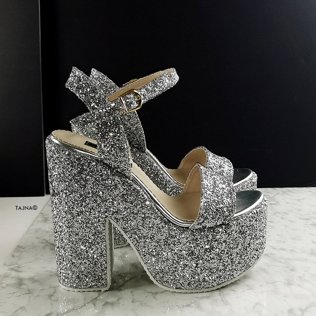 Silver Glass Glitter Platform Wedge Sandals - Tajna Club