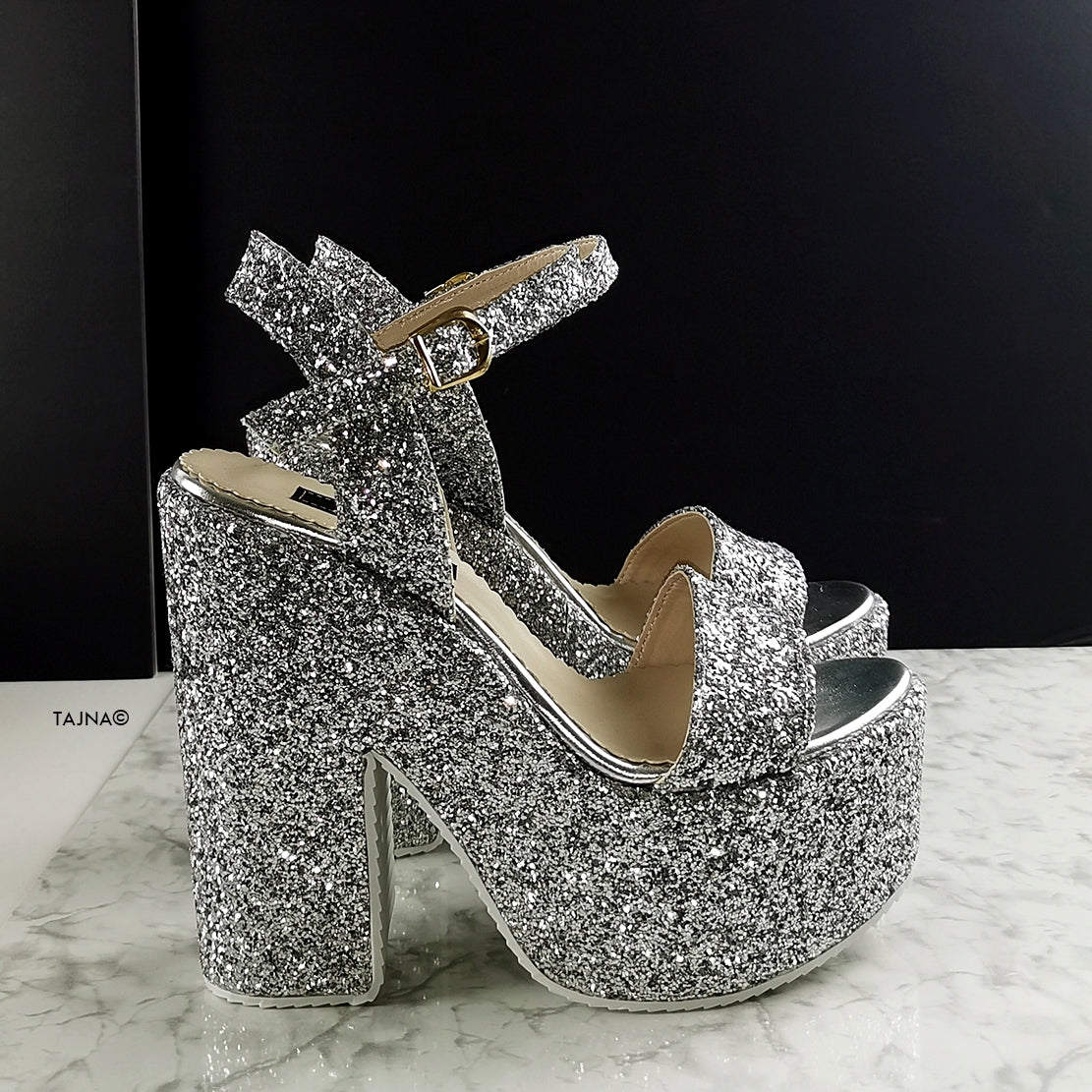 Silver Glass Glitter Platform Wedge Sandals - Tajna Club