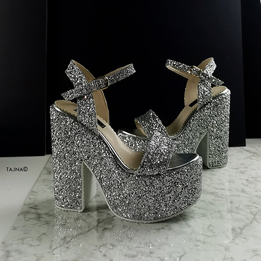 Silver Glass Glitter Platform Wedge Sandals - Tajna Club
