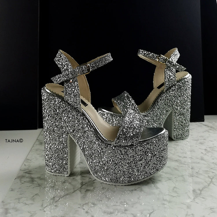 Silver Glass Glitter Platform Wedge Sandals - Tajna Club