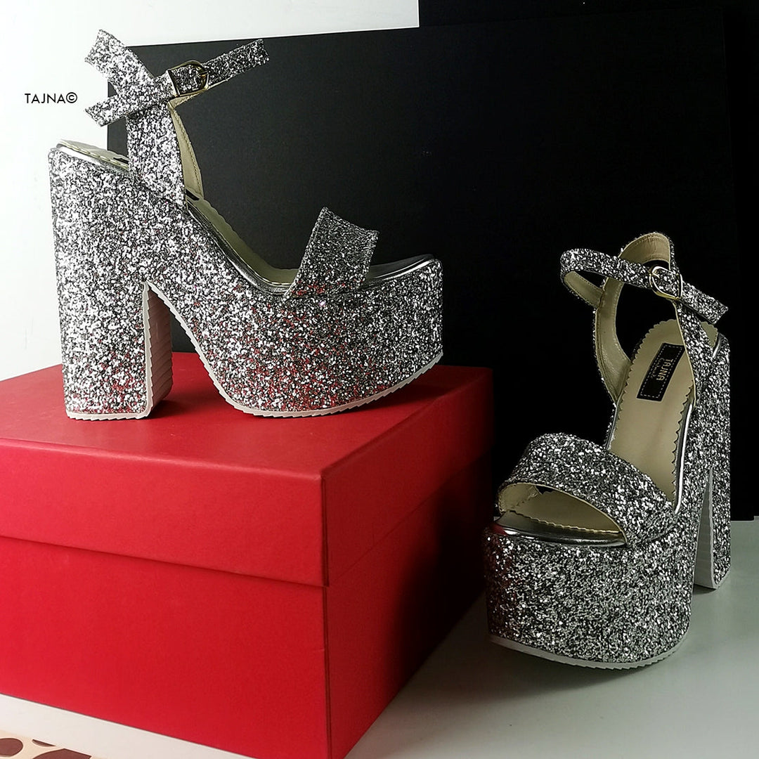 Silver Glass Glitter Platform Wedge Sandals - Tajna Club