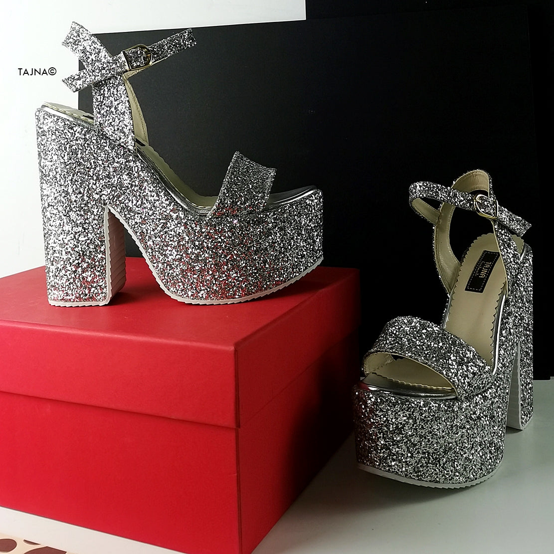Silver Glass Glitter Platform Wedge Sandals - Tajna Club