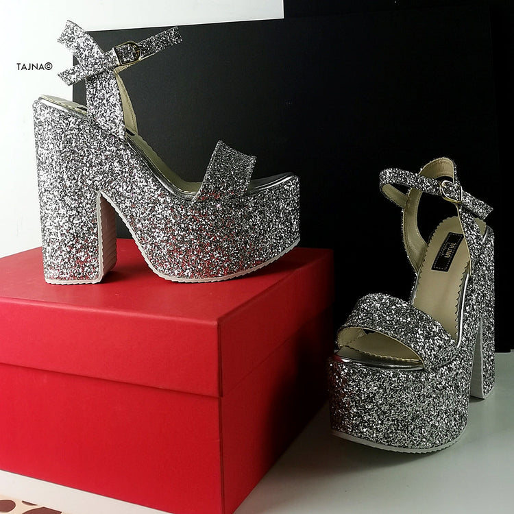 Silver Glass Glitter Platform Wedge Sandals - Tajna Club