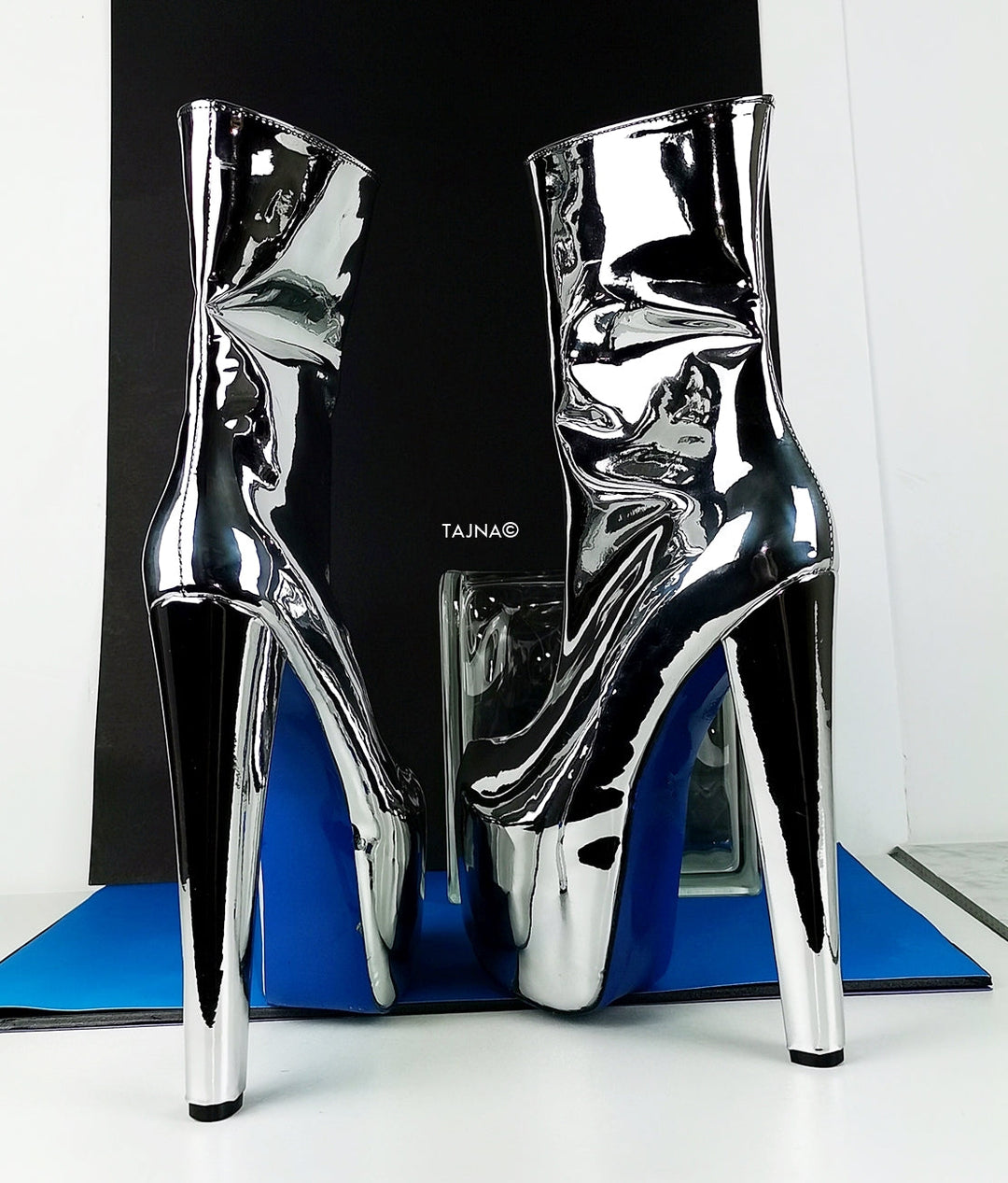 Silver Mirror Blue Soles Platform Boots - Tajna Club