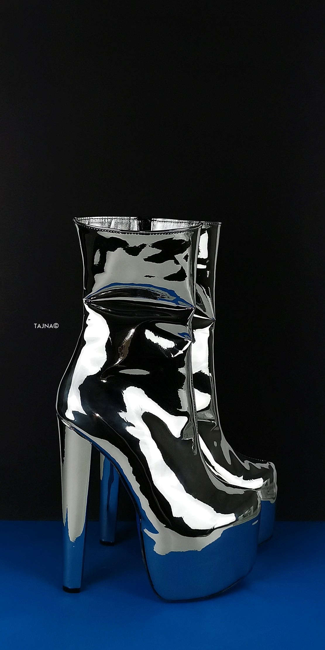 Silver Mirror Blue Soles Platform Boots - Tajna Club