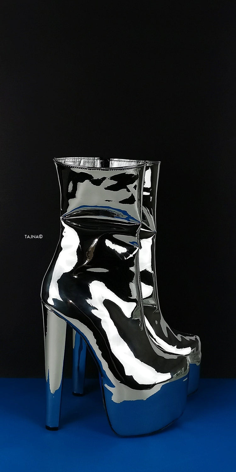 Silver Mirror Blue Soles Platform Boots - Tajna Club