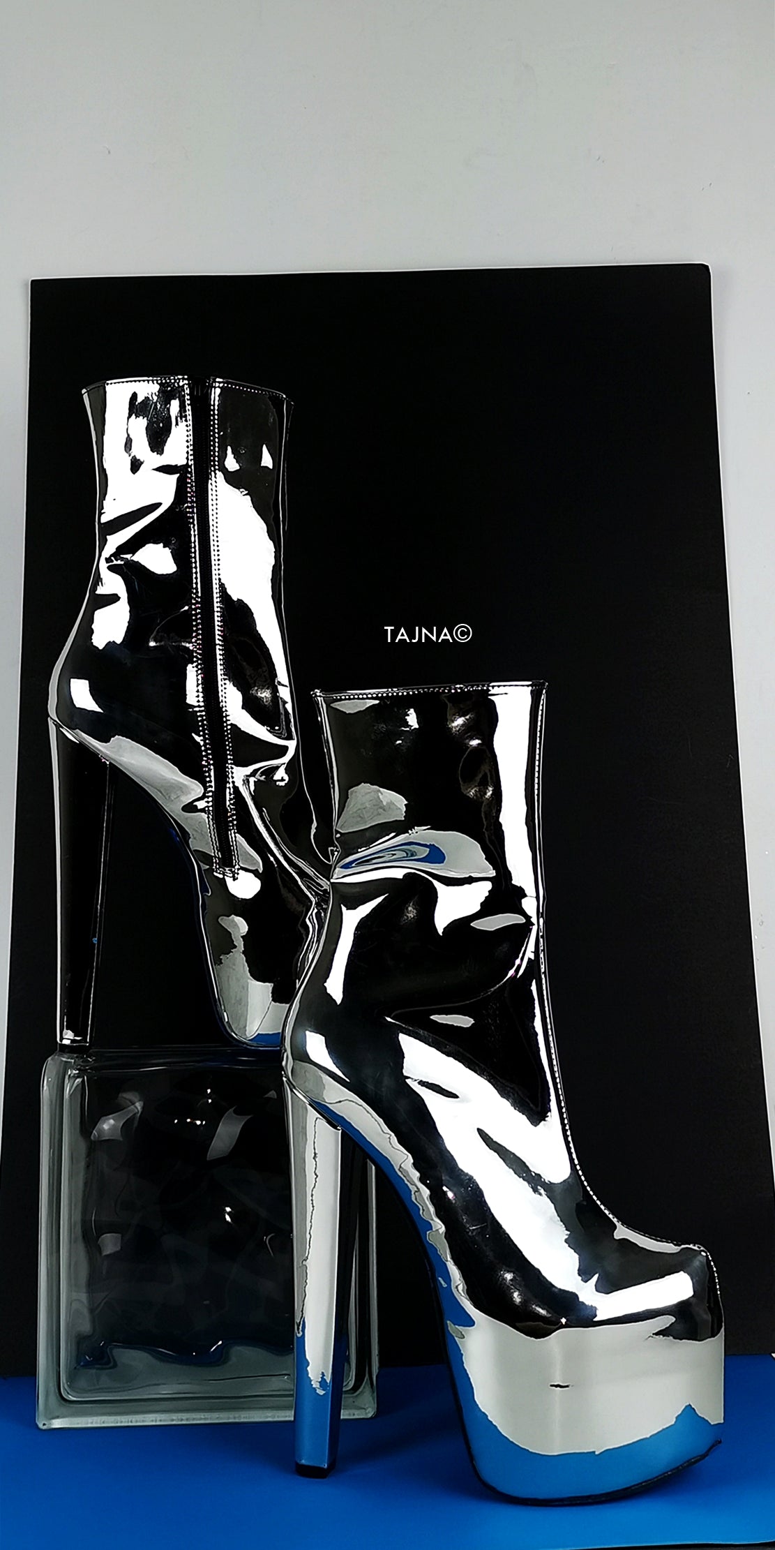 Silver Mirror Blue Soles Platform Boots - Tajna Club