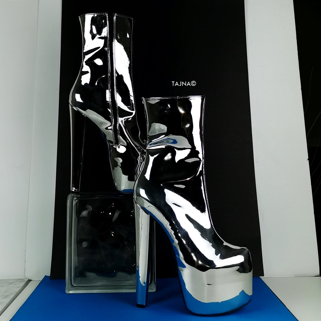 Silver Mirror Blue Soles Platform Boots - Tajna Club