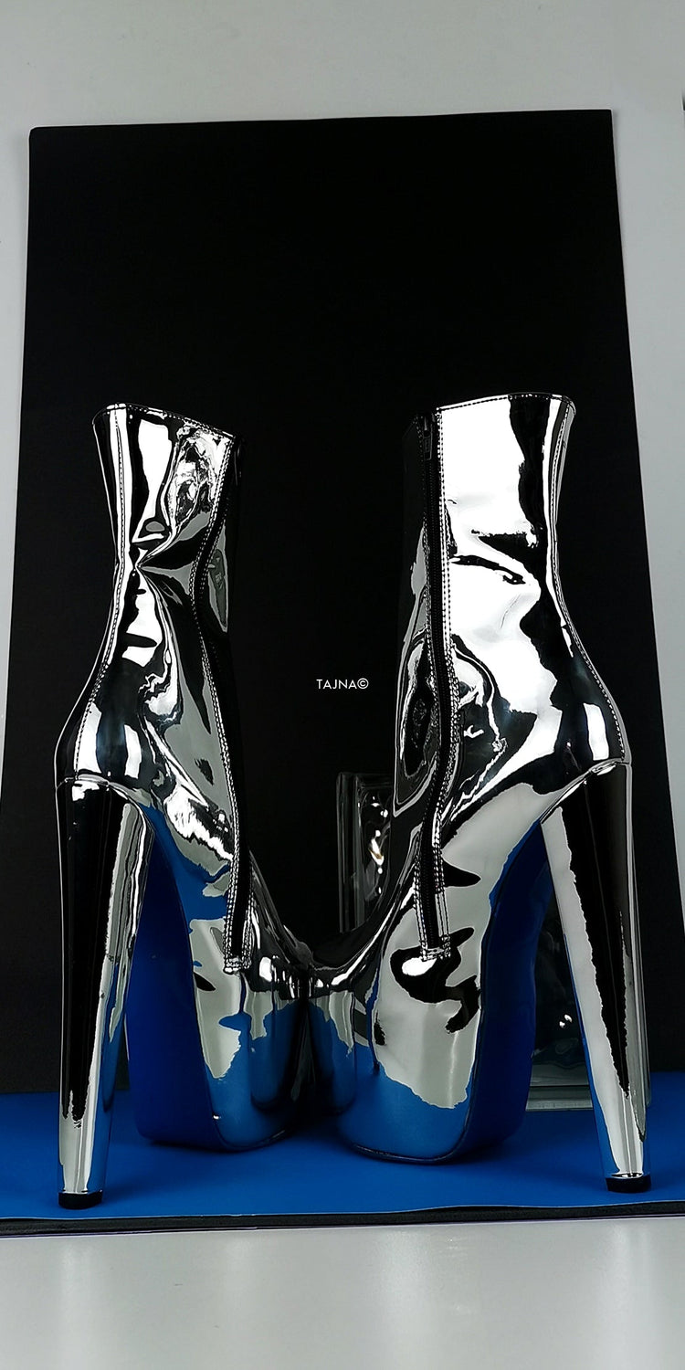 Silver Mirror Blue Soles Platform Boots - Tajna Club