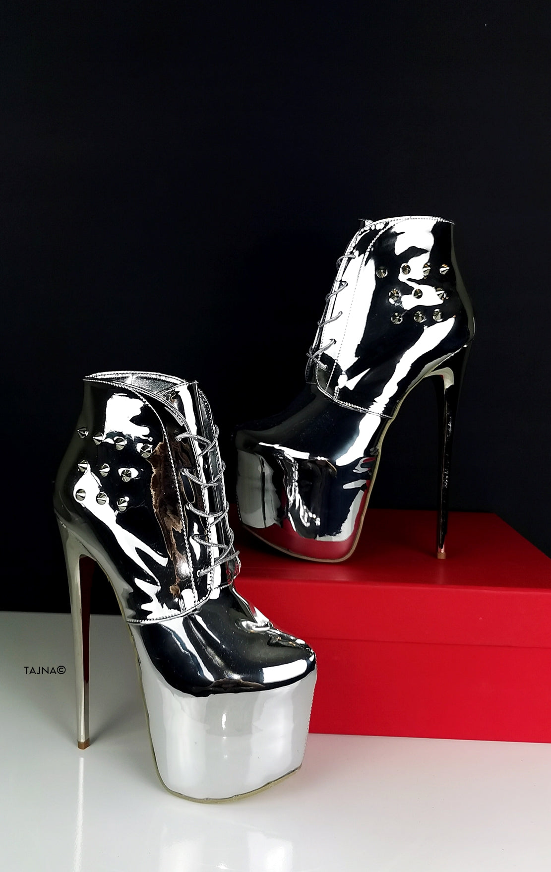 Lace Up Silver Mirror Spike Boots - Tajna Club