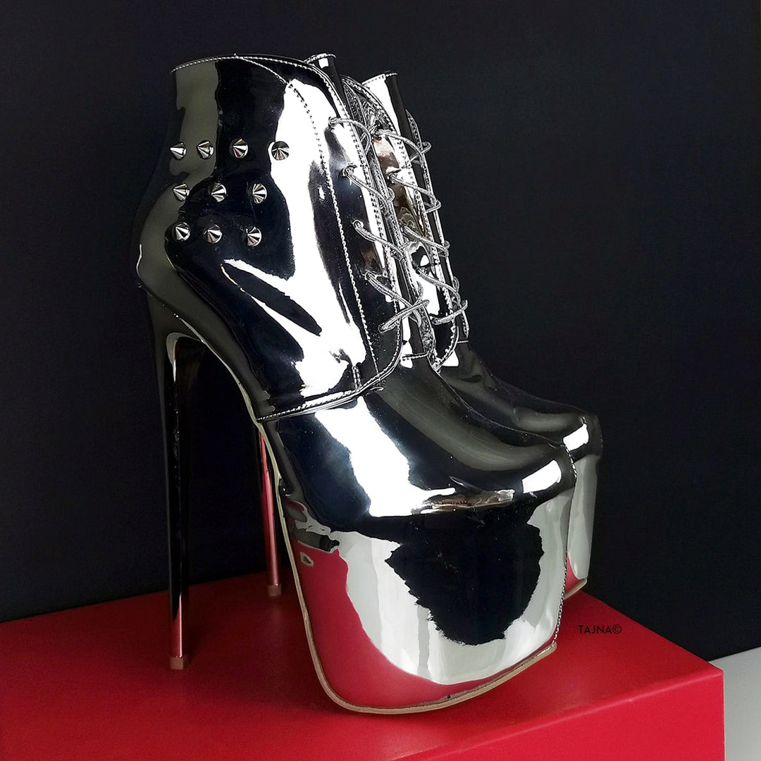 Lace Up Silver Mirror Spike Boots - Tajna Club