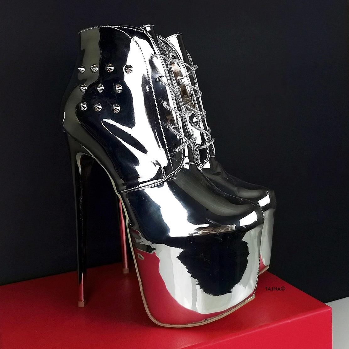 Lace Up Silver Mirror Spike Boots - Tajna Club