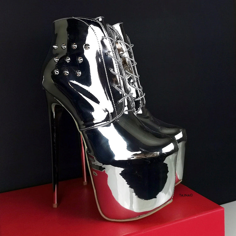 Lace Up Silver Mirror Spike Boots - Tajna Club