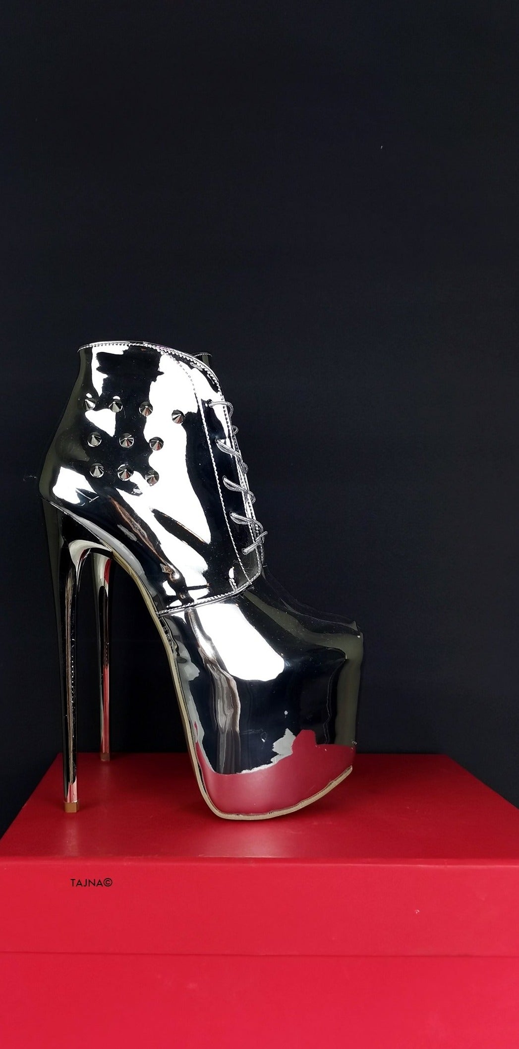 Lace Up Silver Mirror Spike Boots - Tajna Club