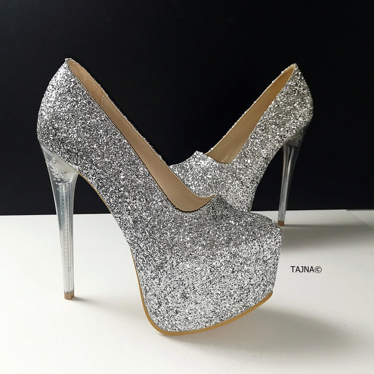 Silver Glitter Transparent Heel Pumps - Tajna Club