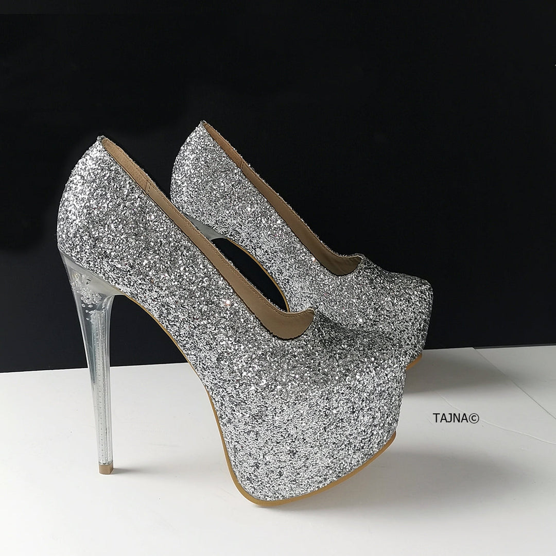 Silver Glitter Transparent Heel Pumps - Tajna Club