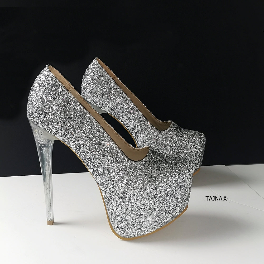Silver Glitter Transparent Heel Pumps - Tajna Club