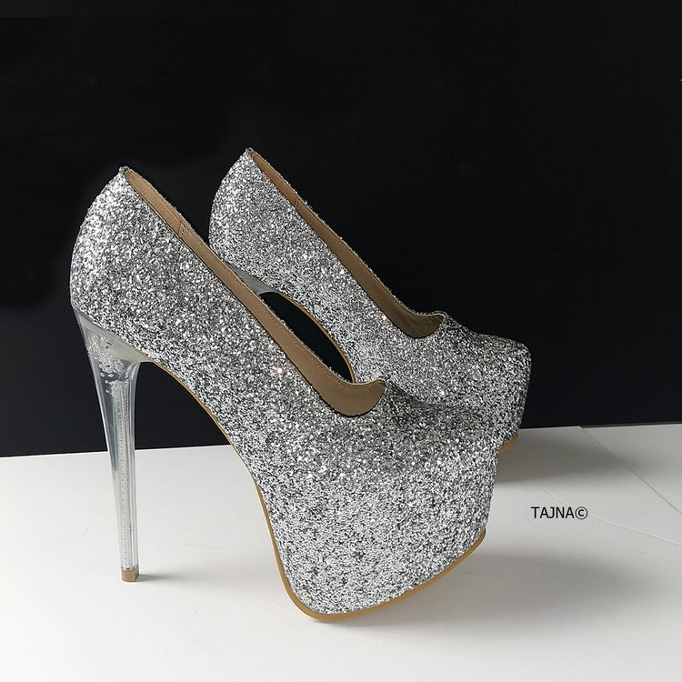 Silver Glitter Transparent Heel Pumps - Tajna Club