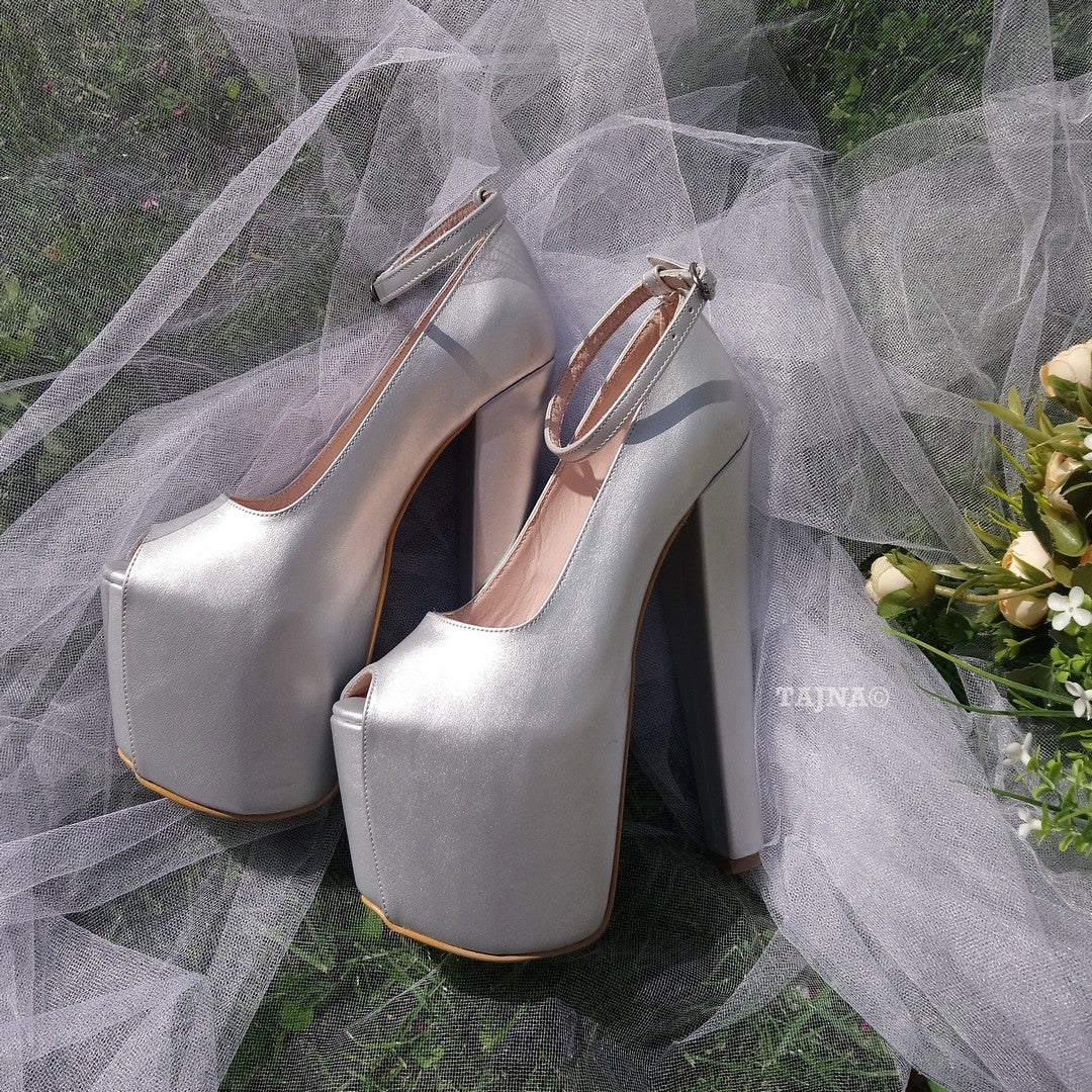 Silver Peep Toe Ankle Strap Wedding Shoes Tajna Shoes – Tajna Club